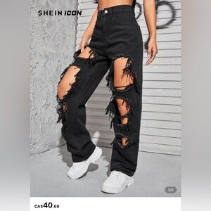 SHEIN Black Ripped Baggy Jeans